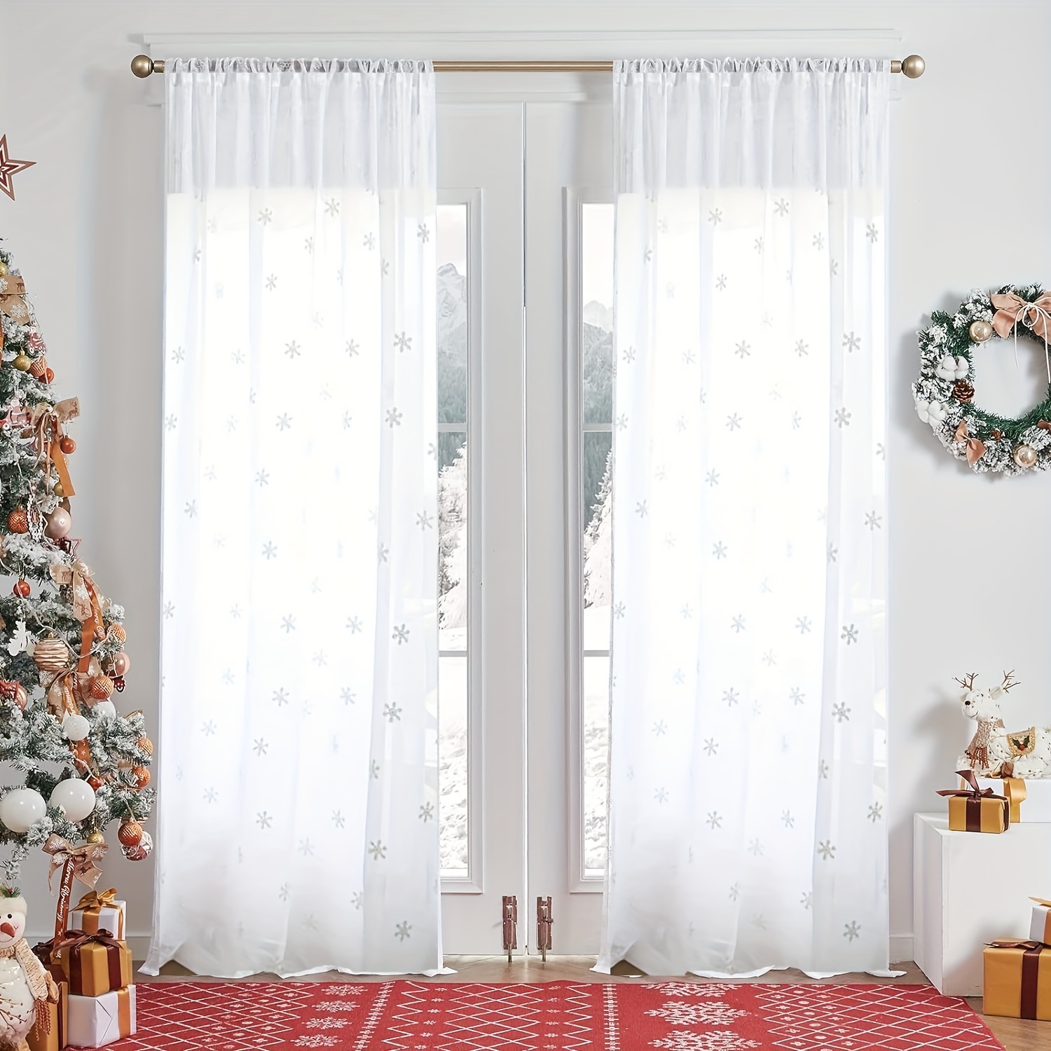 

2pcs Embroidered Sheer Curtains - Rod For & , For Christmas