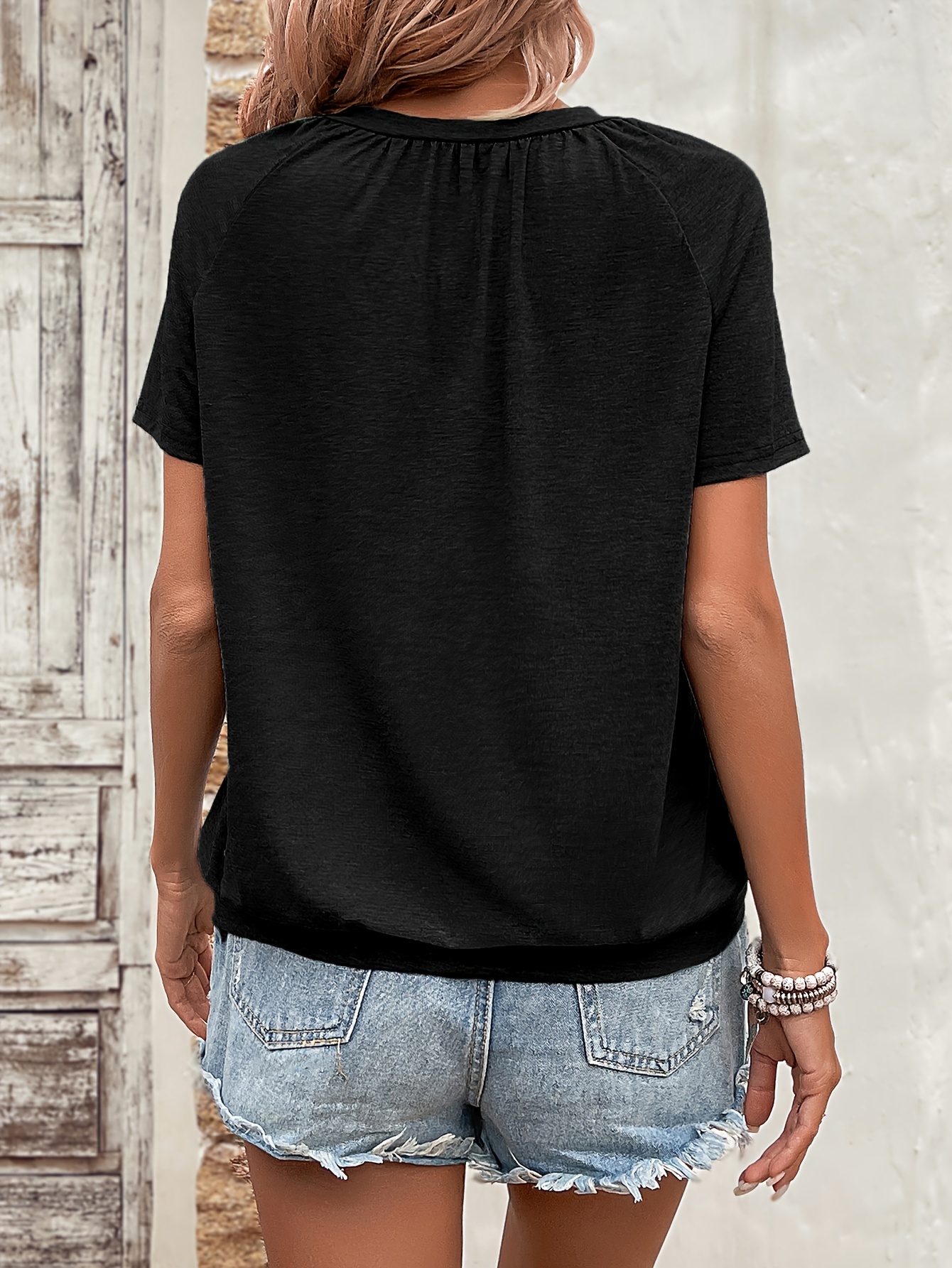 Solid Color V Neck T-Shirt, Casual Short Sleeve T-Shirt For Spring & Summer, Women's Clothing