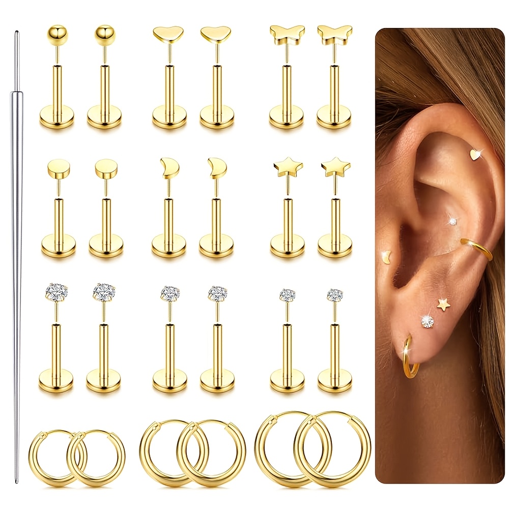 12 pairs hypoallergenic 316l surgical steel flat back earrings golden cartilage studs with cz stones small hoops for tragus helix conch medusa lip labret piercings elegant everyday jewelry for women men