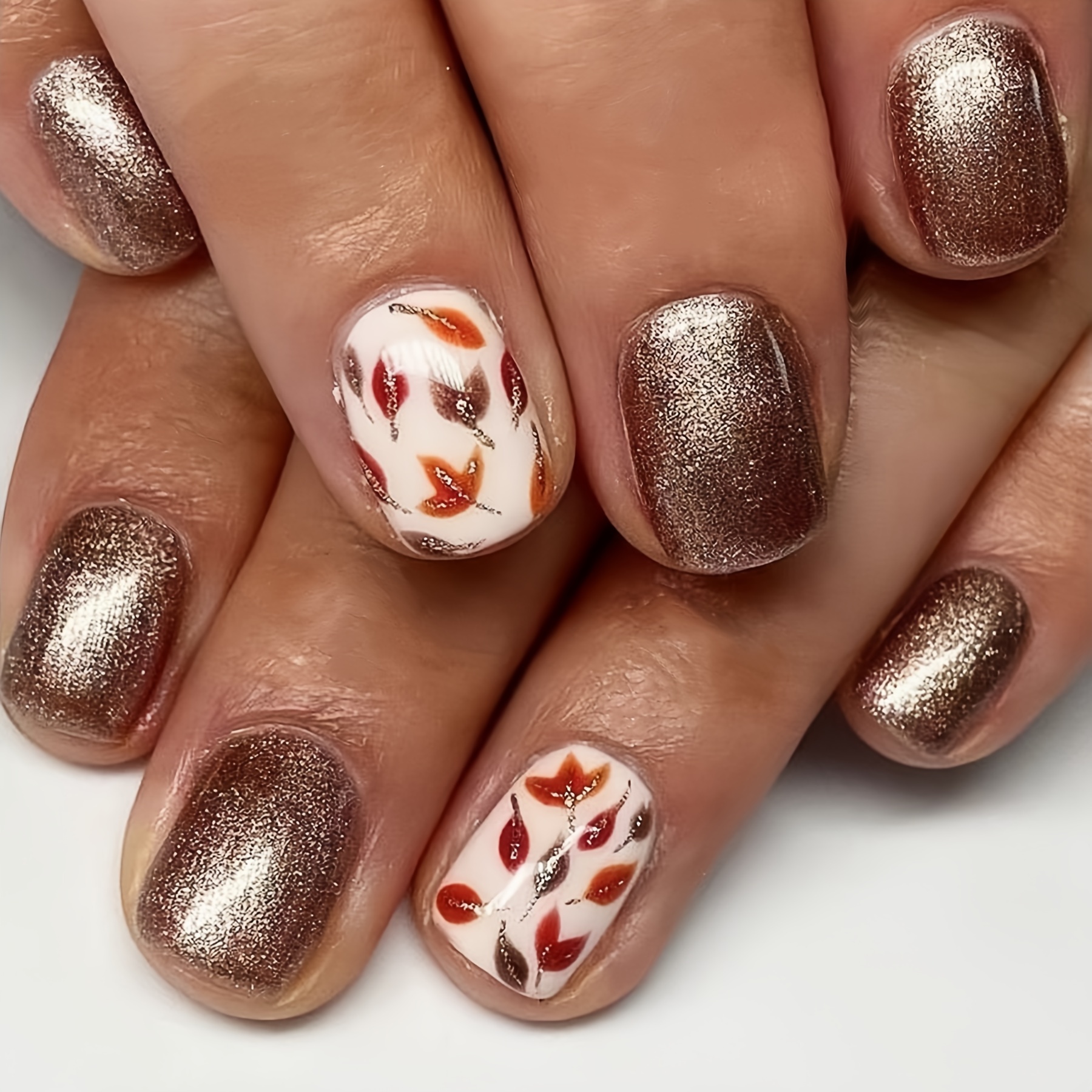 

Short Square Press On Nails Fall Leaf Design Fake Nails Full Cover Glitter False Nails For Women And Girls