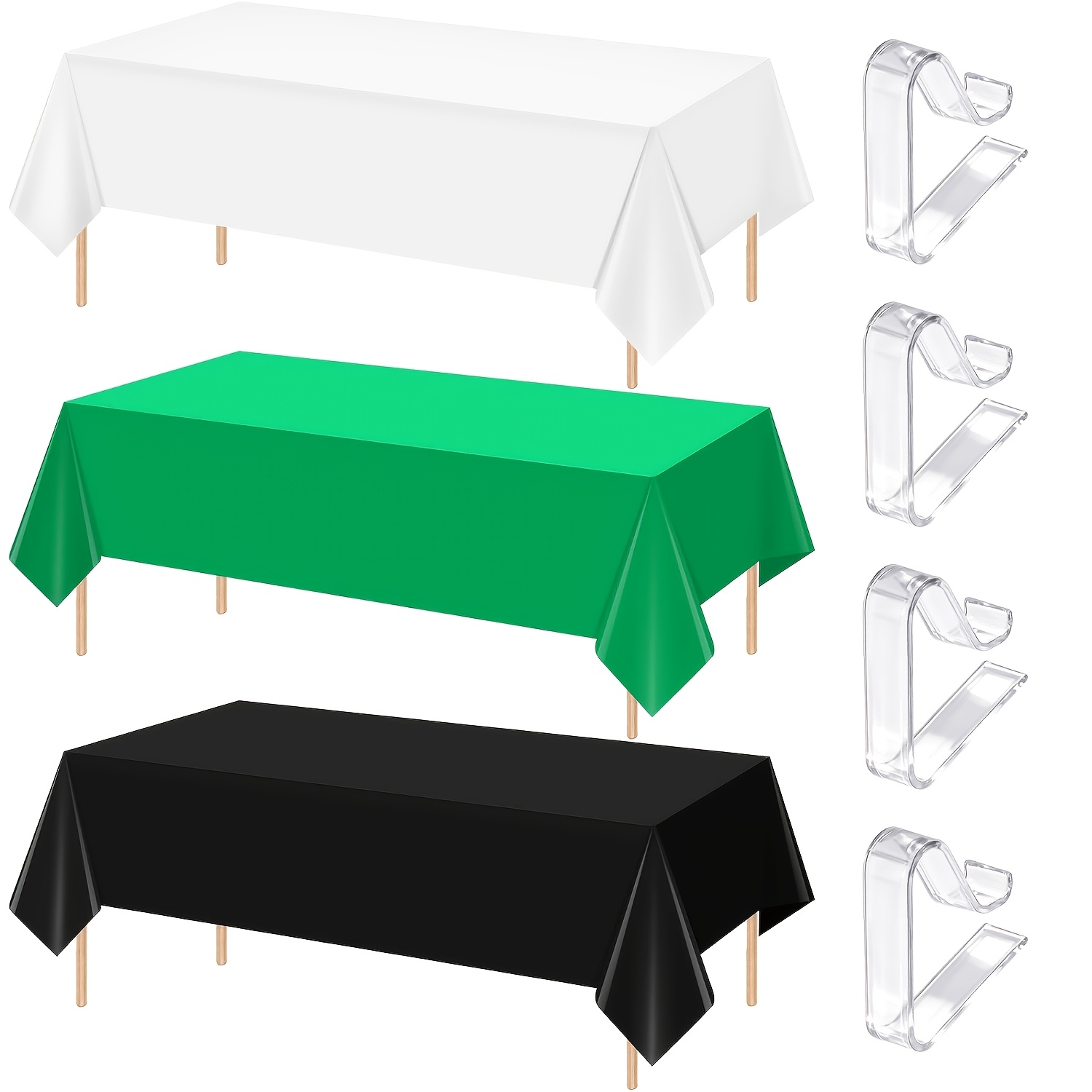 7er-Set (3 Tischdecken + 4 Klammern) grüne, schwarze, weiße Plastiktischdecken, Großpackung, 137,16 x 274,32 cm, Einweg-rechteckige Party-Tischdecken für Geburtstagsfeiern, Hochzeiten, Picknicks,