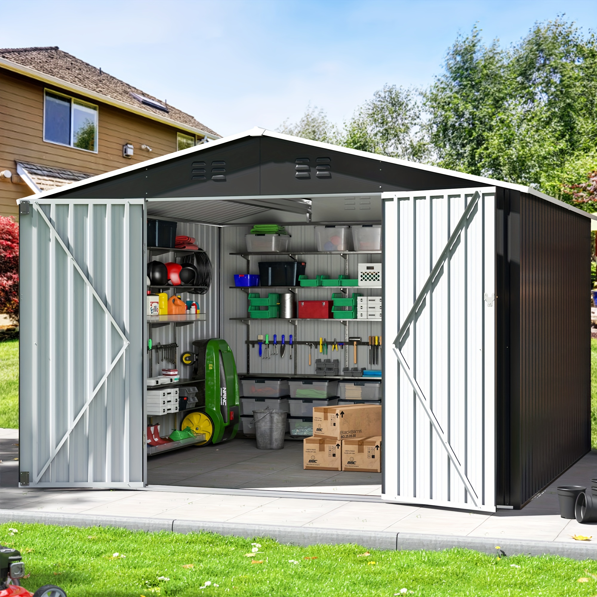 

10x10 Ft Outdoor Storage Shed, Large Garden Shed With Frame Structure And Lockable Doors, Metal Tool Sheds For Backyard Garden Patio Lawn, Black