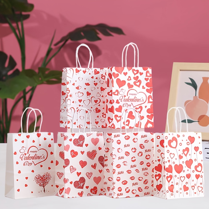 

8/16 Pack Valentine's Day Gift Bags, Red Heart Printed Paper Party Favor Bags With Handles For Wedding, Birthday, Anniversary, Gifting - 21x15x8cm