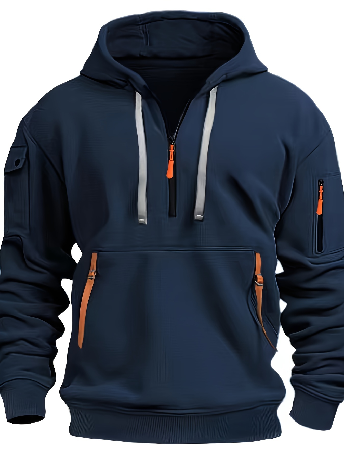 Men's Casual Sport Half-Zip Hoodie With Arm Pocket And Colorful Ribbon Detail, Fashion Pullover Hooded Sweatshirt Outerwear