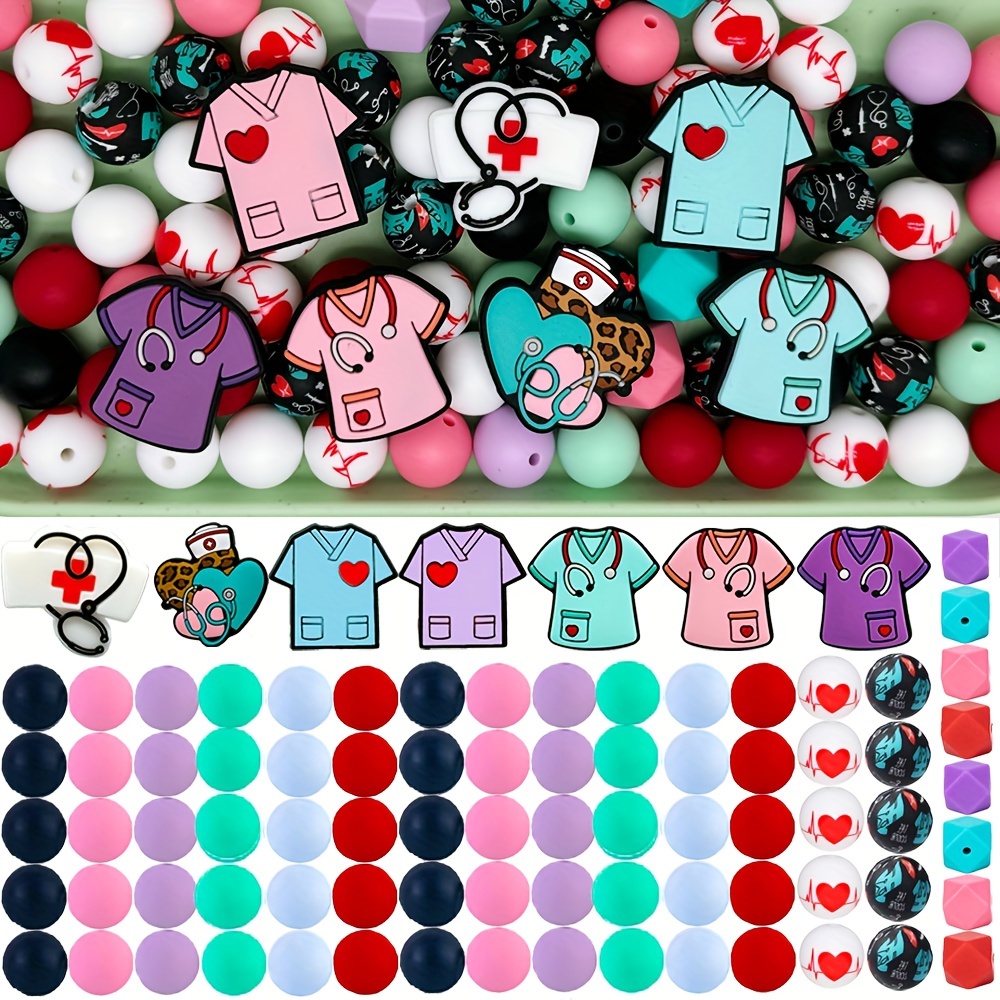 

85pcs Vibrant Nurse-themed Silicone Beads - Pink & Prints, Round & Polygonal Shapes For , Crafting, And Gifts - Ideal For Keychains, Pen , Silicone Character Beads