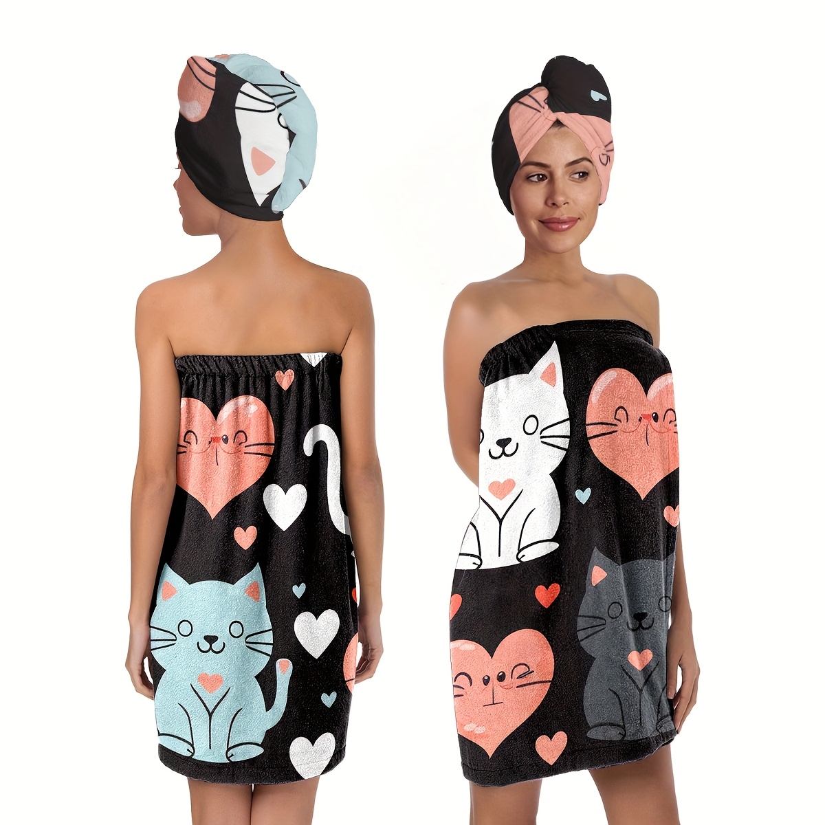 Image of Kitten Love 2pcs Printed Large Shower Skirt Dry Hair Cap, Wearable Wrap, High-strength Water Absorption, Bath Towel, Non-shedding Home Use Sexy Chest Bath Skirt Dry Hair Cap Set