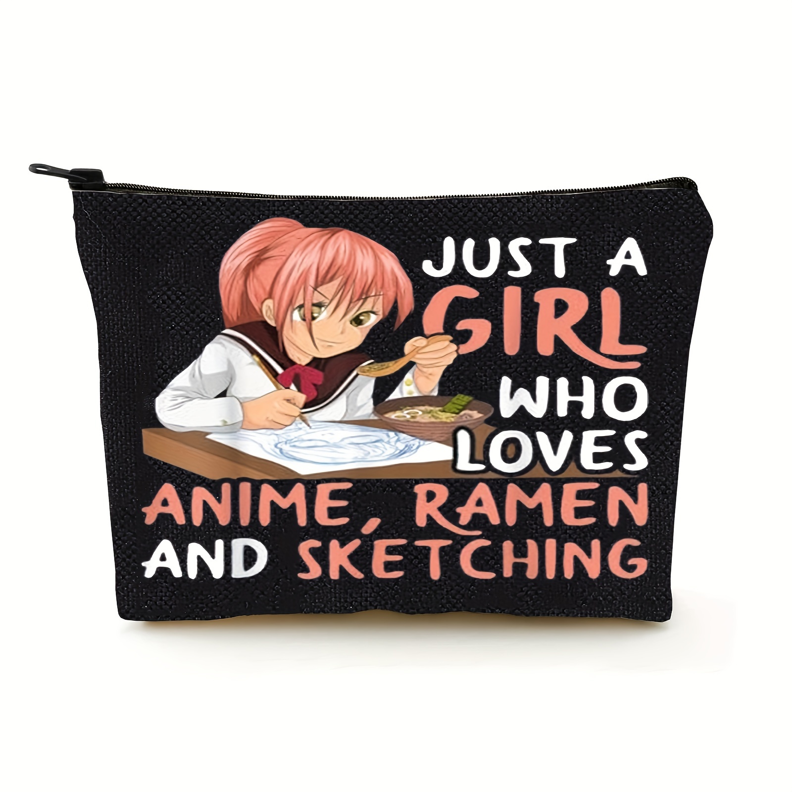 

Anime Fan Makeup Bag - " Who Anime, Ramen, And Sketching" Canvas Cosmetic Pouch With Adjustable Strap, Lightweight, Machine Washable, Ideal Gift For Anime Enthusiasts, Anime Accessories