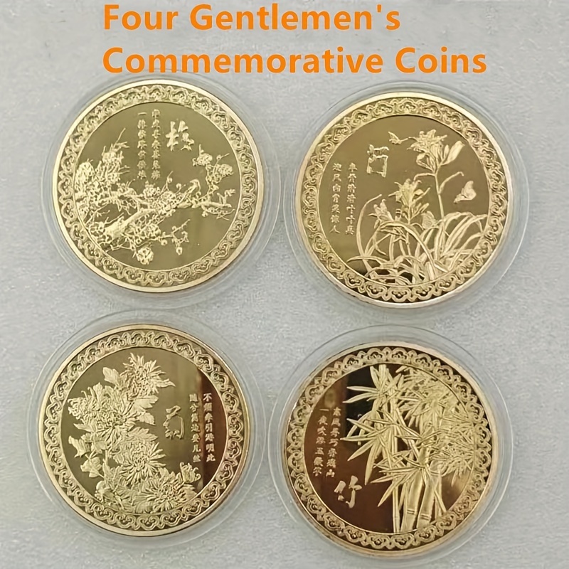 

4 Gentlemen Commemorative Coin Set, 4pcs Chinese Traditional Iron Craft Coins, Plum Blossom, Orchid, Bamboo, And Chrysanthemum, Metal Collectible Gift Souvenir With Cultural Motifs