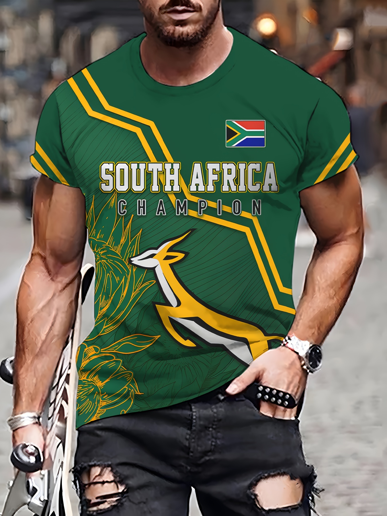South Africa Themed Animal Graphic Print Men's Crew Neck Short Sleeve T-Shirt Casual Summer T-Shirt For Daily Wear And Vacation