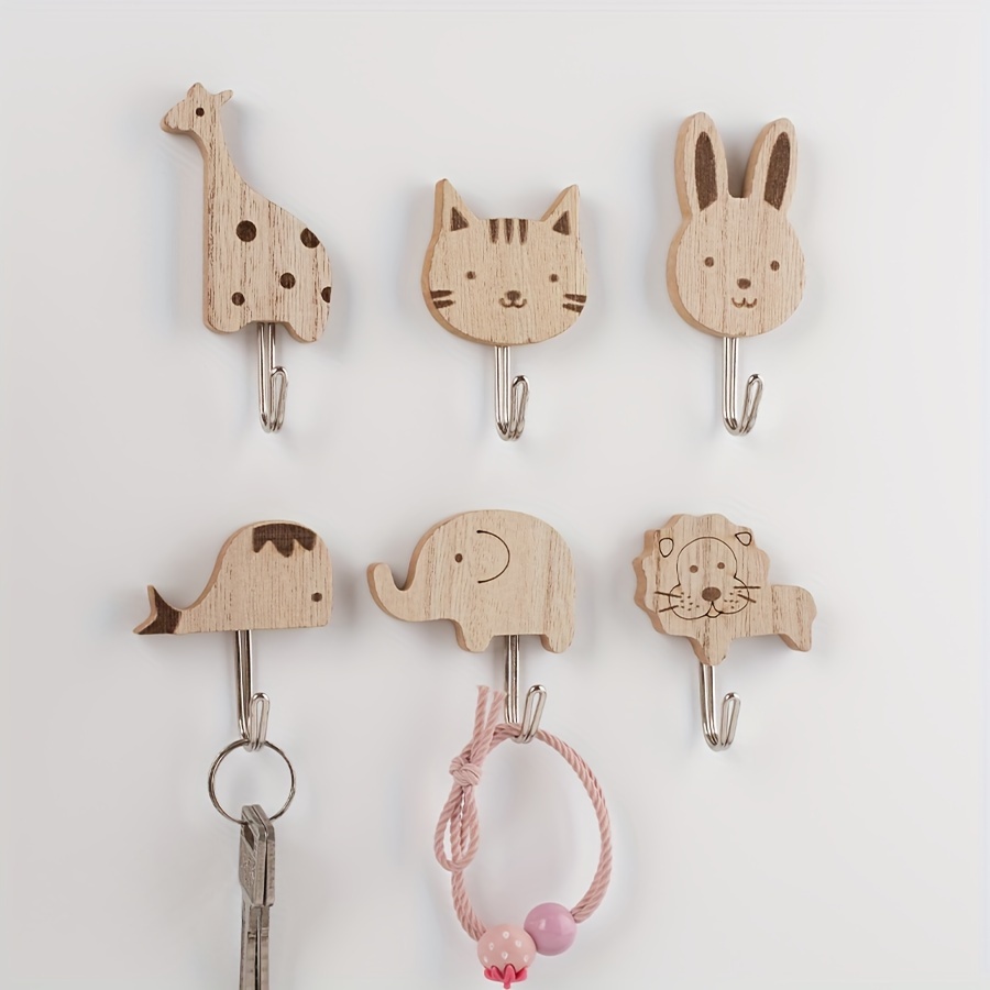 

2pcs/6pcs Wooden Animal Wall Self Adhesive Hook For Keys, Towels Etc., Room Decoration Hook, It Can Hold Up To 1kg