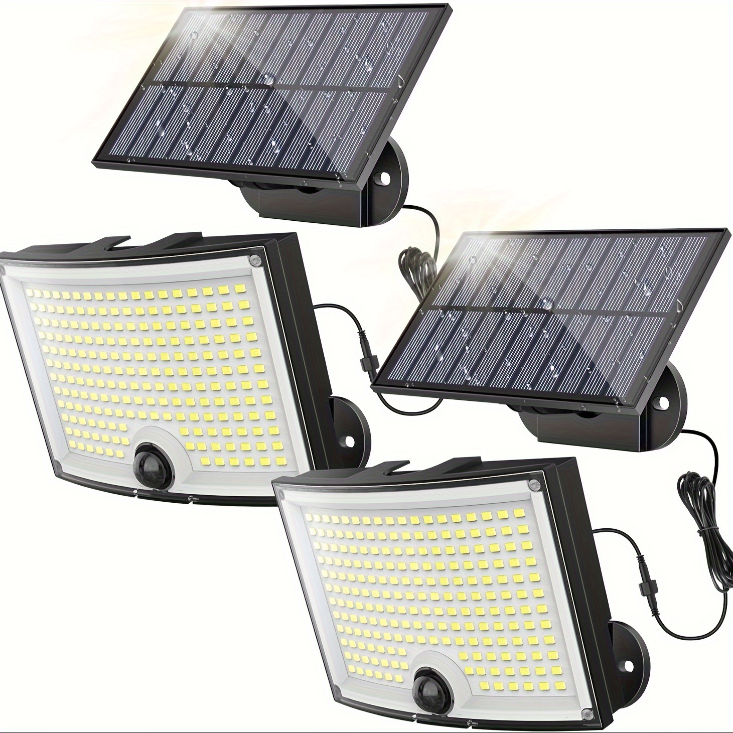 

2 lampes solaires d'extérieur avec détecteur de mouvement, projecteur de sécurité à 3 modes et 202 LED avec conception divisée, avec câble de 16. pour murs de jardin, portes, cours, allées, , cours.