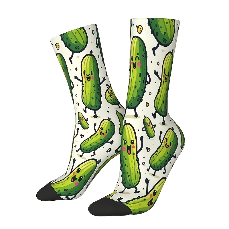 TEMU A Pair Of Unisex Outdoor Socks Featuring A Fun Halloween Cucumber Pattern, Mid-calf Length, Machine Washable, Suitable For Outdoor Sports