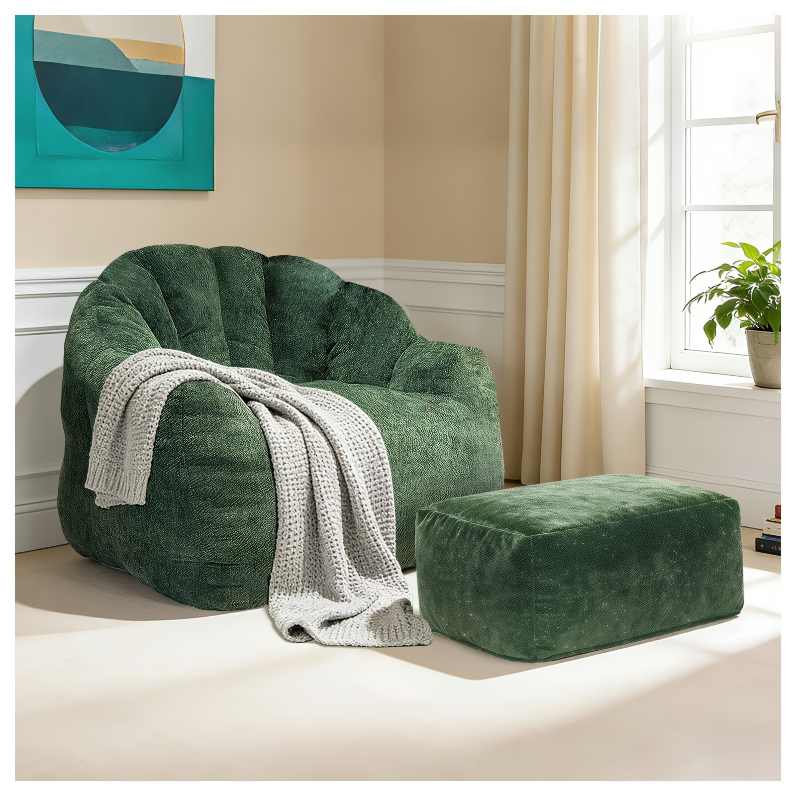 Luxury Shell-shaped Plush Sofa, Fluffy Gaming Chair With Footrest, Soft Lazy Leisure Chair Suitable For Bedroom, Living Room, Balcony, Suitable For Small Apartments, No (green/black/grey)