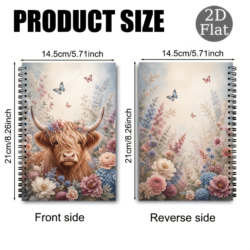 TEMU 1pc Pastoral Highland Cow Blooming Theme Spiral Notebook, Notebook , Durable And Long-lasting, Smooth Thick Pages, Double-sided Writing, Lined