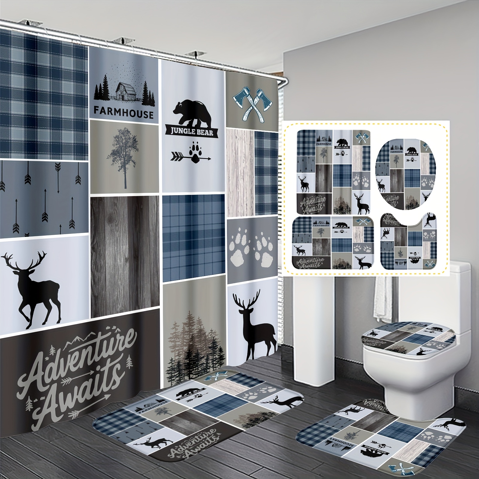 

1pc/4pcs Rustic Cabin Wildlife Bathroom Set, Water-resistant Polyester Curtain With 12 Hooks, Non-slip U-shaped Bath Mat, Round Toilet Lid Cover, Home Decor With Deer Theme