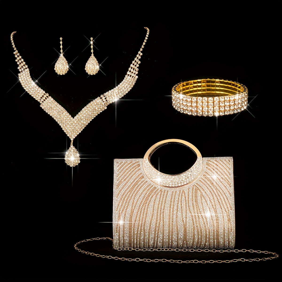 TEMU 4pcs Set: Dinner Bag, Sparkling Water Diamond Striped Handbag, Wedding Bridesmaid Bag, Evening Bag, Dress Bag, Shoulder Bag, Sparkling Necklace, Earrings, Bracelet Set