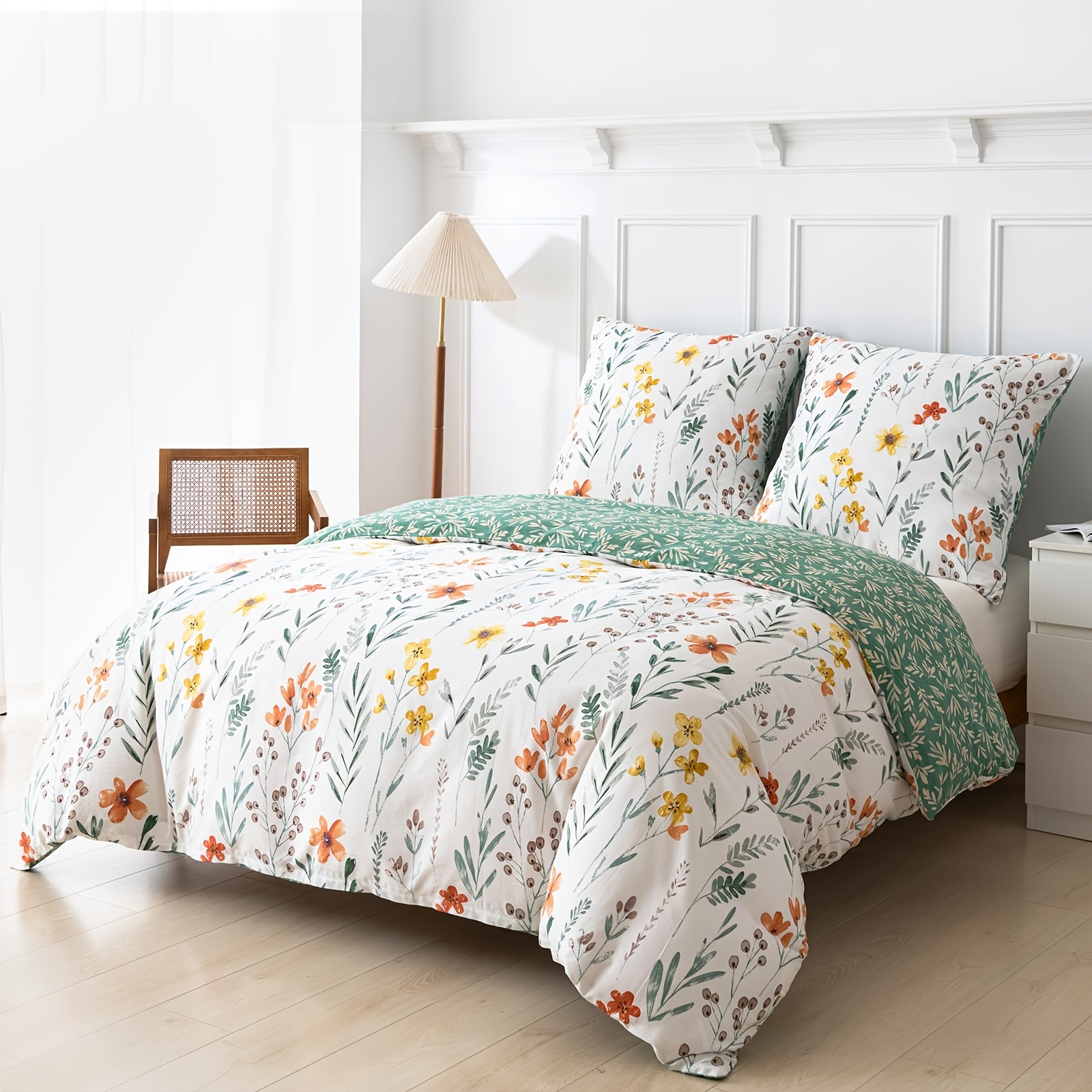 

Bed Linen 200x200 - 3pcs Bed Linen Sets With Zipper - Green And White Flowers And Leaves Pattern - Bed Cover 200x200cm With 2 Zipper Pillowcases 80x80cm