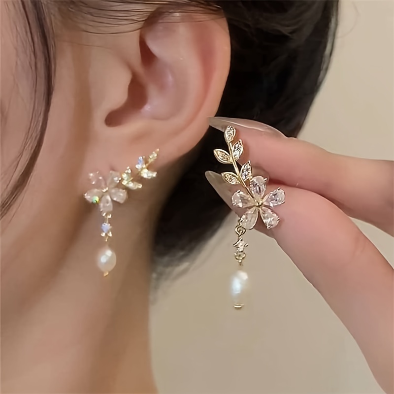 

Elegant Floral & Pearl Drop Earrings For Women - Chic, Trendy, And Sweet With 925 Silvery Posts, Cubic Zirconia Accents