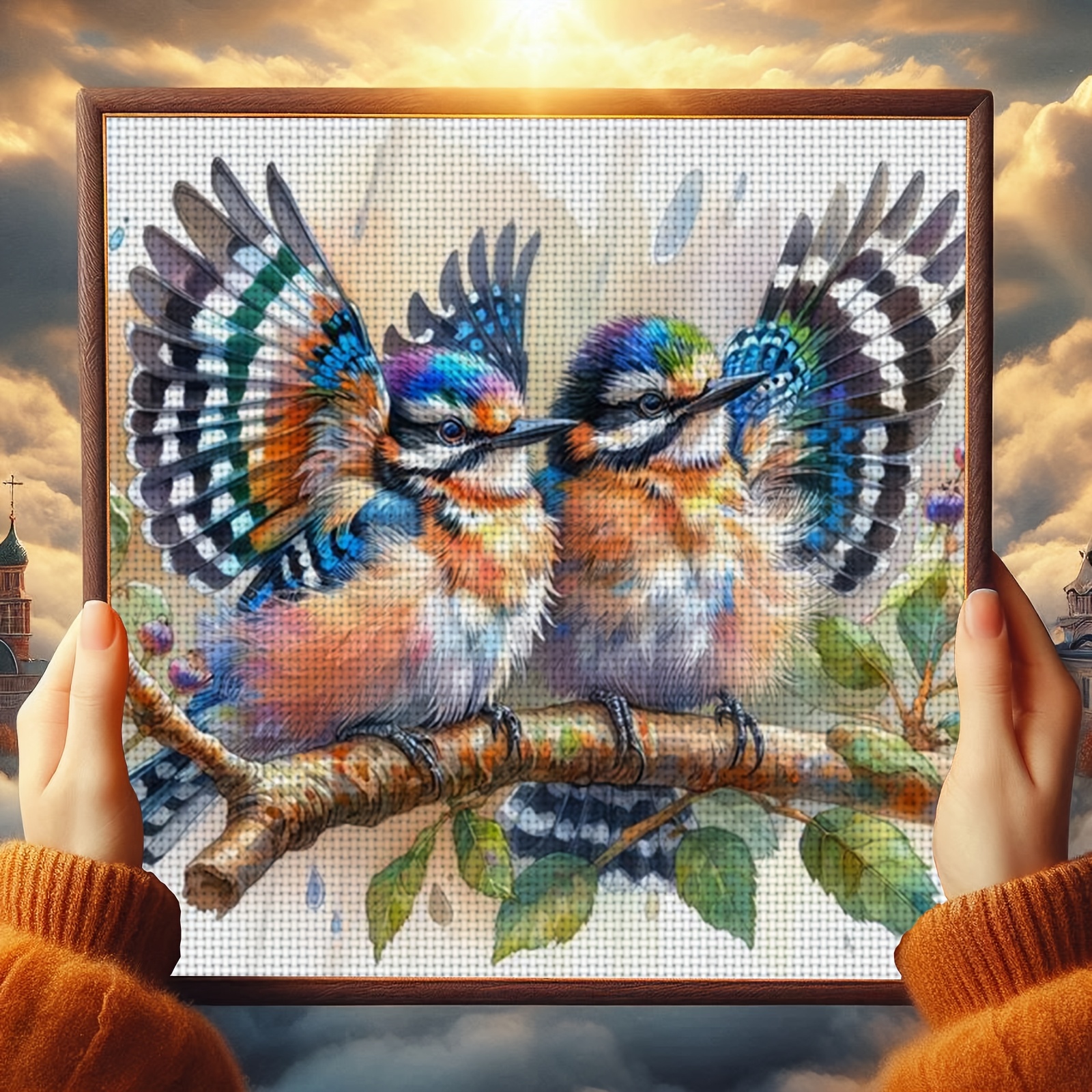 Cross Stitch Kit, Double Bird on Branch with Colorful Wings Pattern, Ideal for Beginners