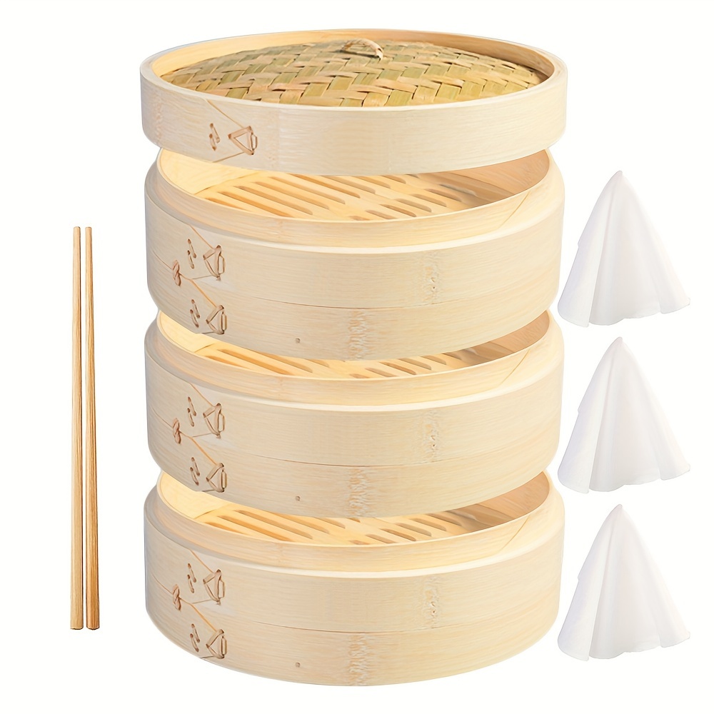 

3-tier Kitchen Bamboo Steamer Basket 10, 12 Inch For Asian Cooking | 1 Pair Of Chopsticks 3 Liners | Buns Dumplings Vegetables Fish Rice