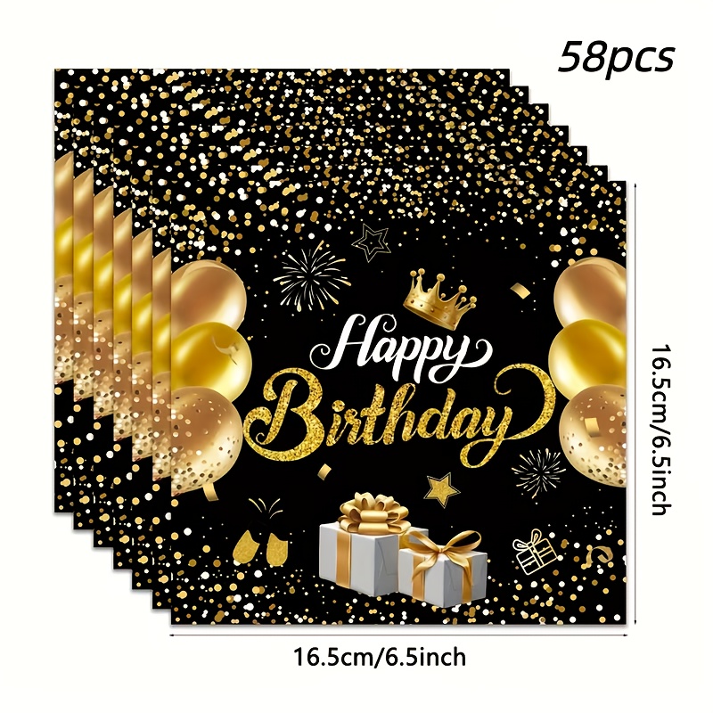 Image of 58pcs Of Black And Golden Birthday Napkins, Perfect For Birthday Celebrations, Elegant And Shiny Party Decorations, High-quality Tableware For , Soft And Durable