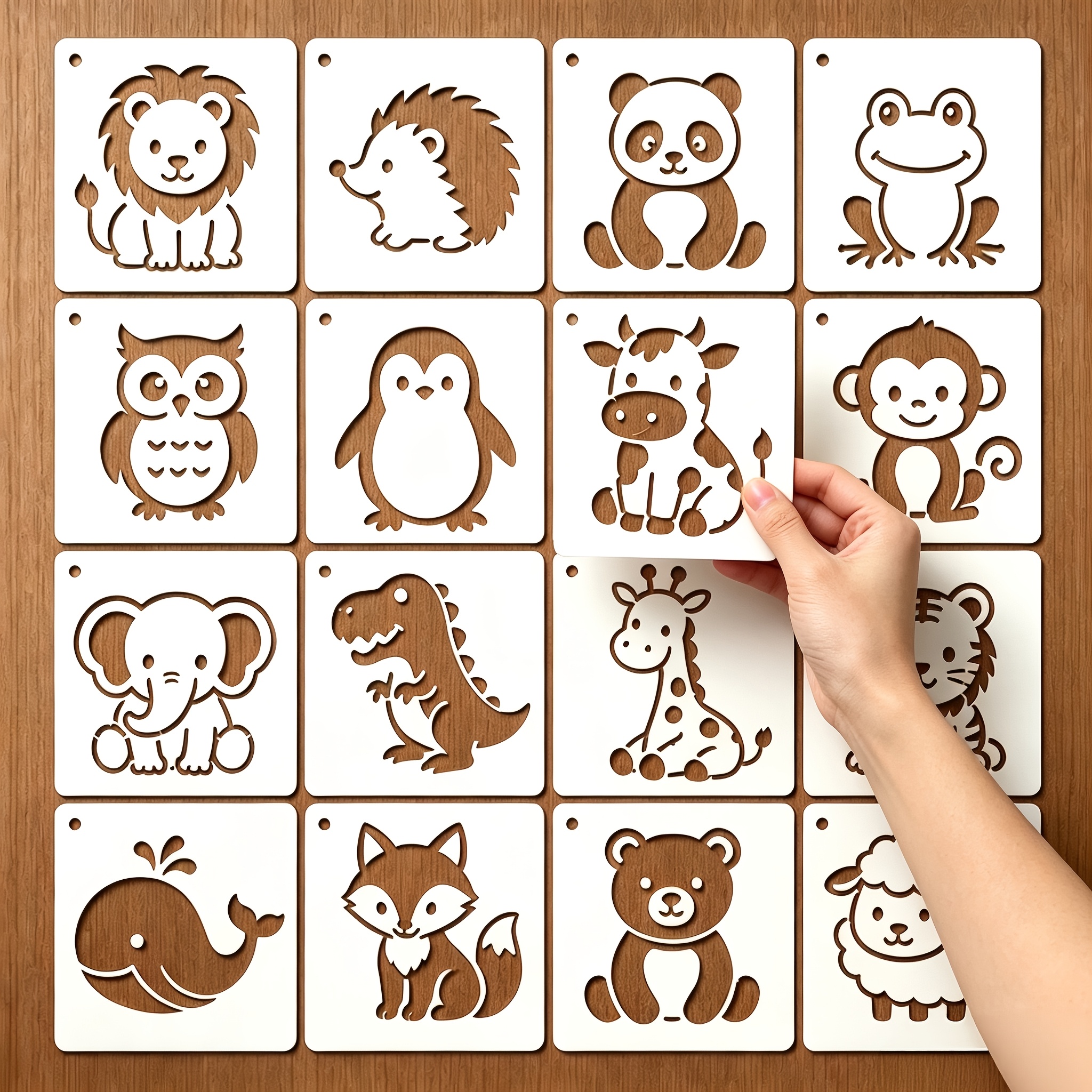 Image of 16pcs Cute Animal Stencils, 7.5cm/2.95inch Reusable Washable Drawing Templates, Early Learning Educational Painting Tools For Paper Fabric Wood Crafts