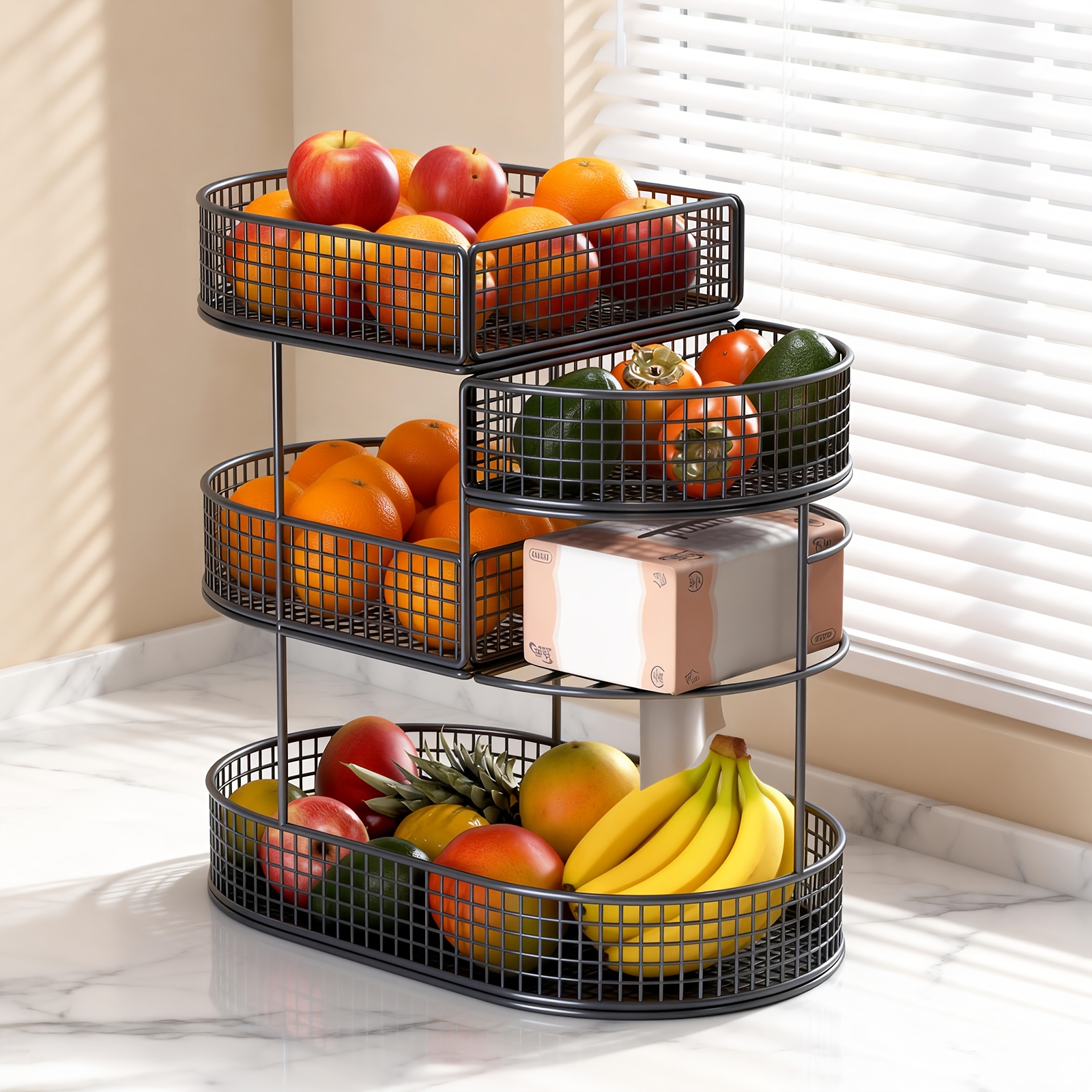 E-shop 4-stufiger schwerer Gusseisen Obstschale & Snack-Präsentationsständer mit Papierhandtuchhalter – Ovales platzsparendes Regal für Küchenvorrat,