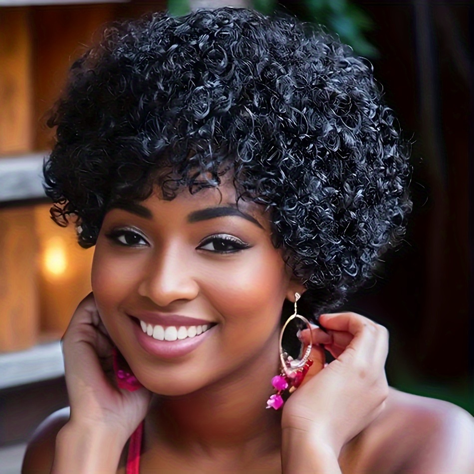 

Pixie Short Afro Curly Bob Human Hair Wigs With Bangs For Women Brazilian Remy Hair Natural Kinky Curly Wigs No Lace Front Natural Brazilian Hair 180%