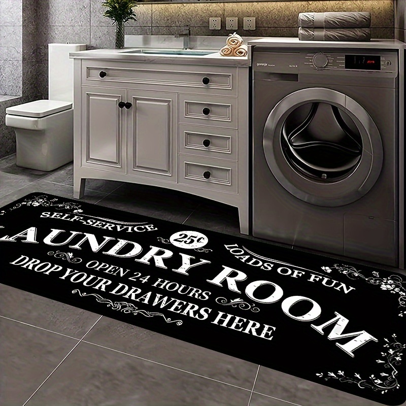 

Festive Laundry Room Mat: 1.1cm Thick, Non-slip, Machine Washable, Black And White Textured Rug For Kitchen, Bathroom, And Laundry Room