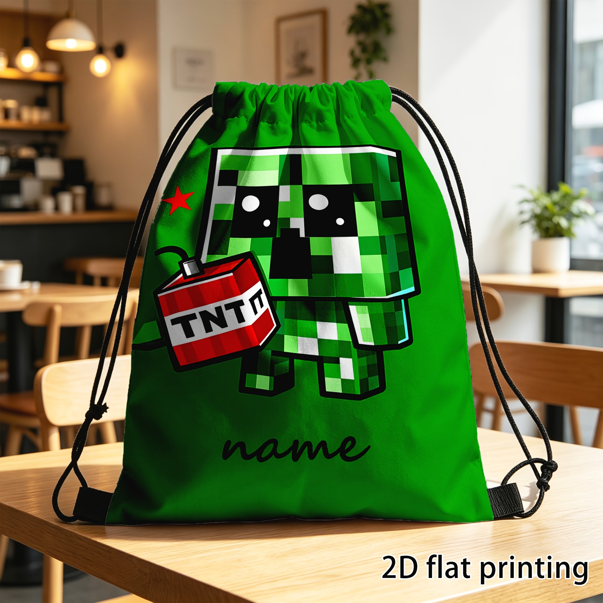 TEMU 2D Plat, 1pc Custom Trekkoord Tas, 1pc Pixel Groen Monster TNT Rugzak, Duurzame Oxford Stof, Draagbaar, Multi-Pocket, Geschikt voor Gym, Reizen,