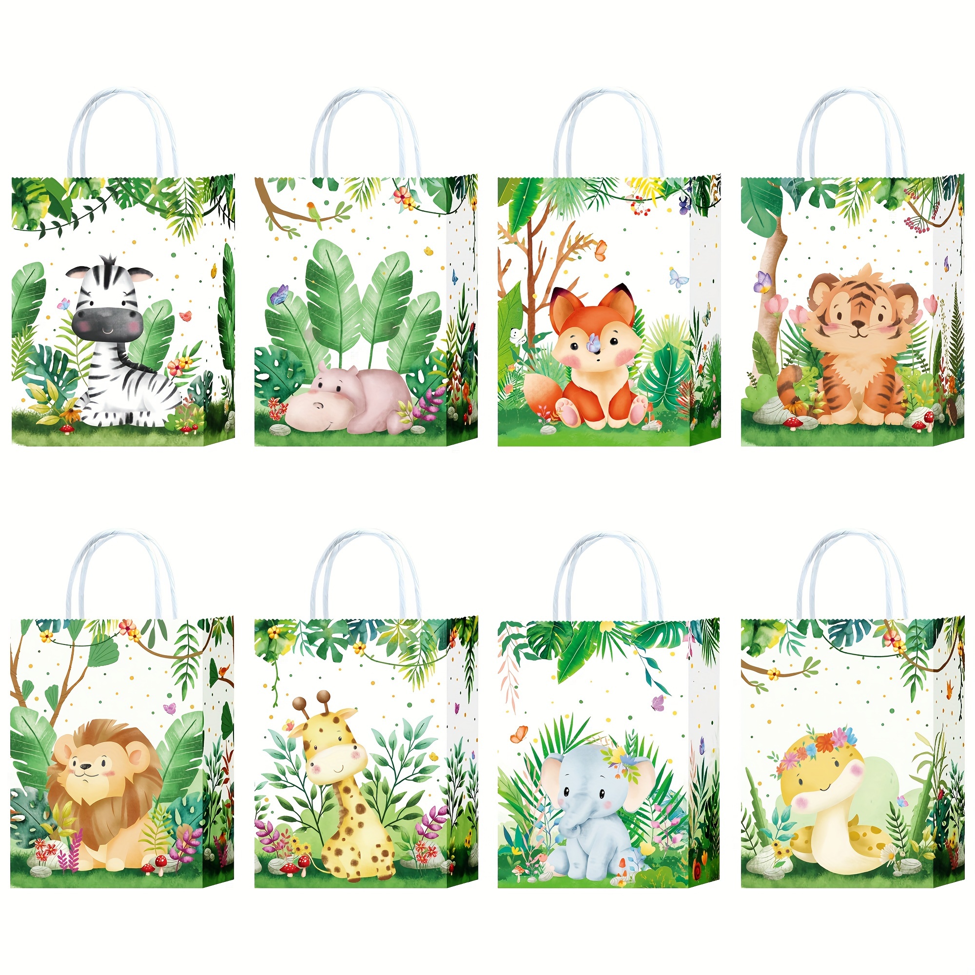 

8/16/24/32pcs Pieces Safari Goodie Bags Jungle Animals Party Favor Bags With Handles Zoo Animals Print Candy Bags Woodland Gift Bags For Baby Shower Wedding Birthday Jungle Themed Party Supplies