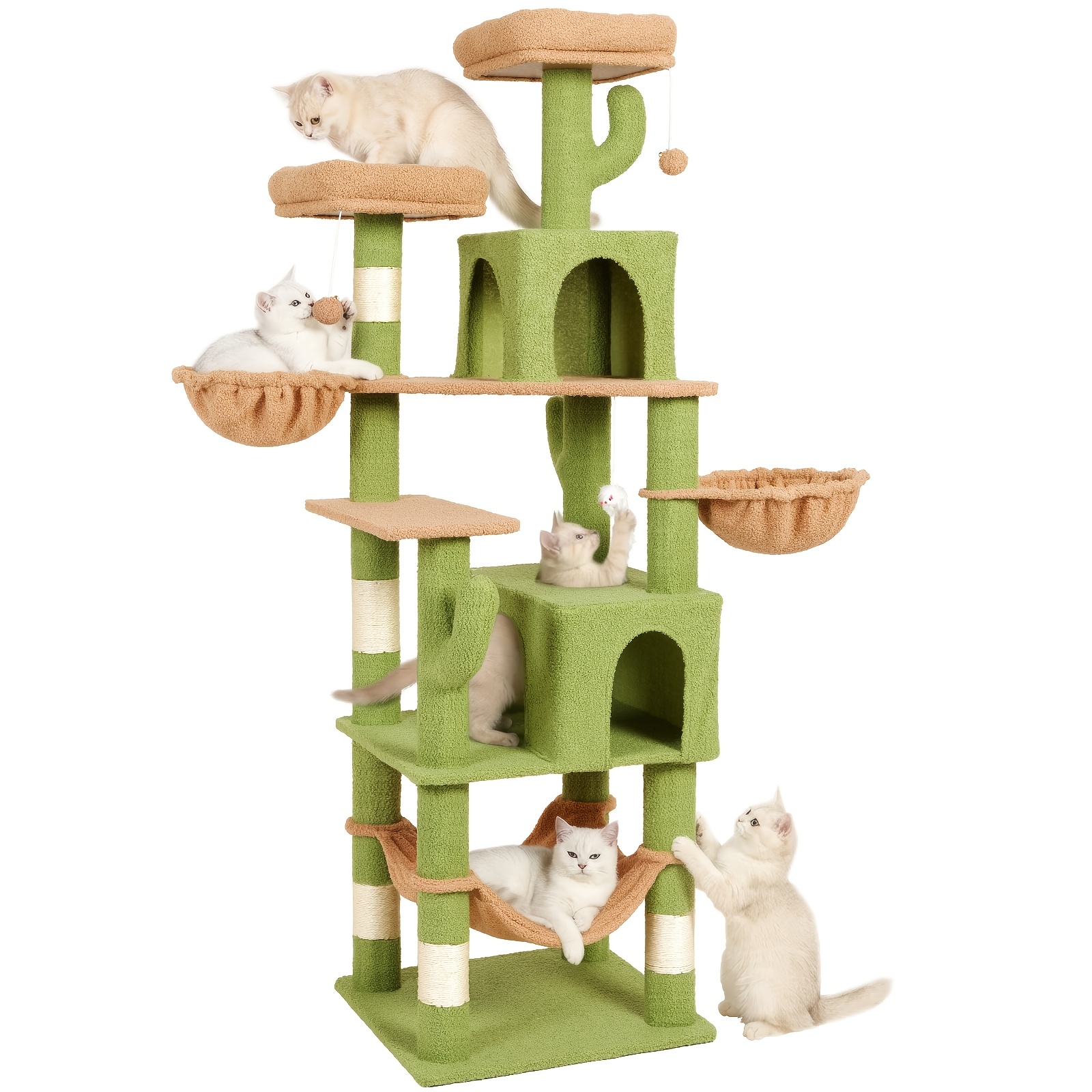 Image of Amhancible 180cm Cat Tree Tower 8 Sisal Scratching Posts, 3 Hanging Cat Toys, 2 Condos, 2 Plush Perches.sturdy, Easy To Assemble.green.