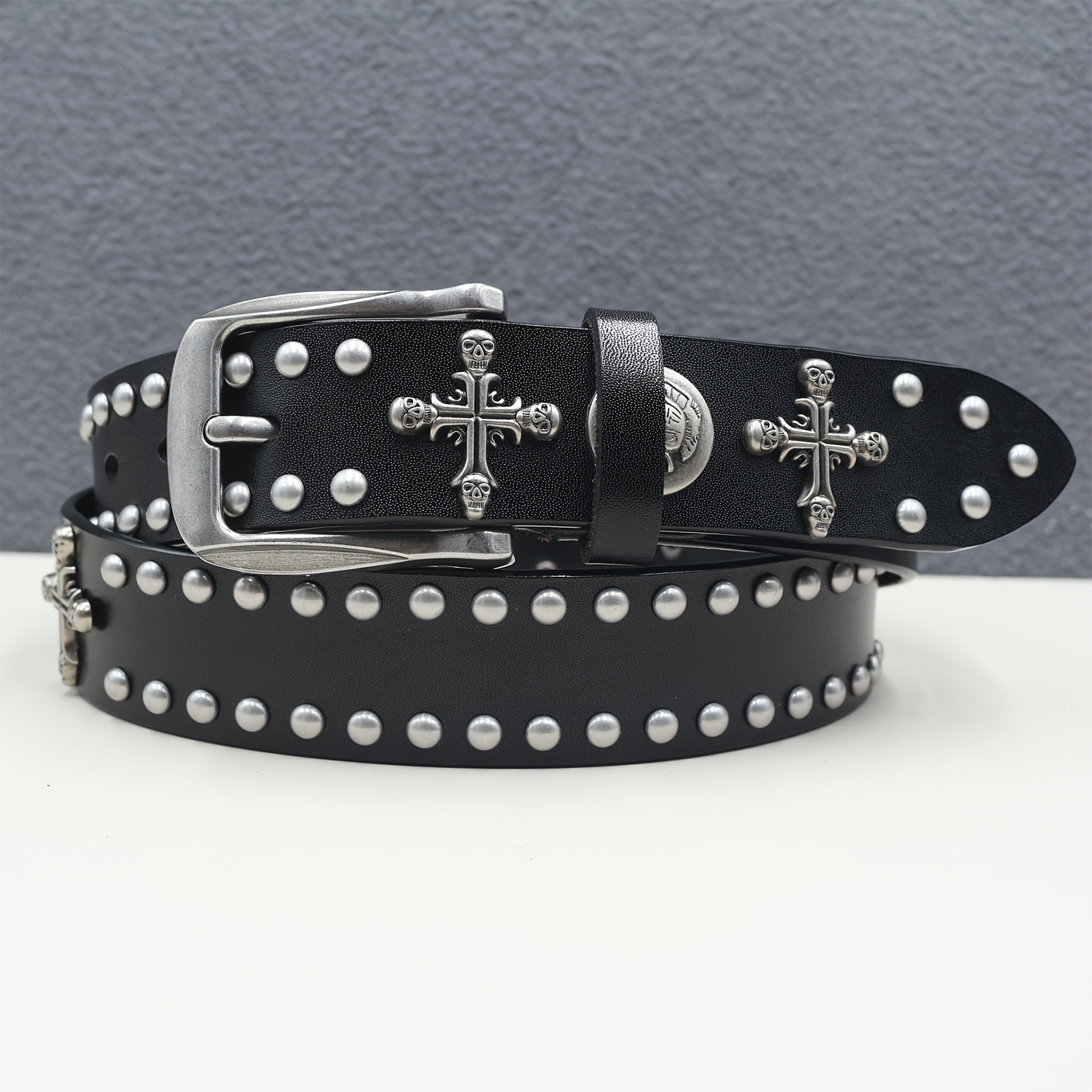 Studded Cowboy Belt with Cross Skull Design