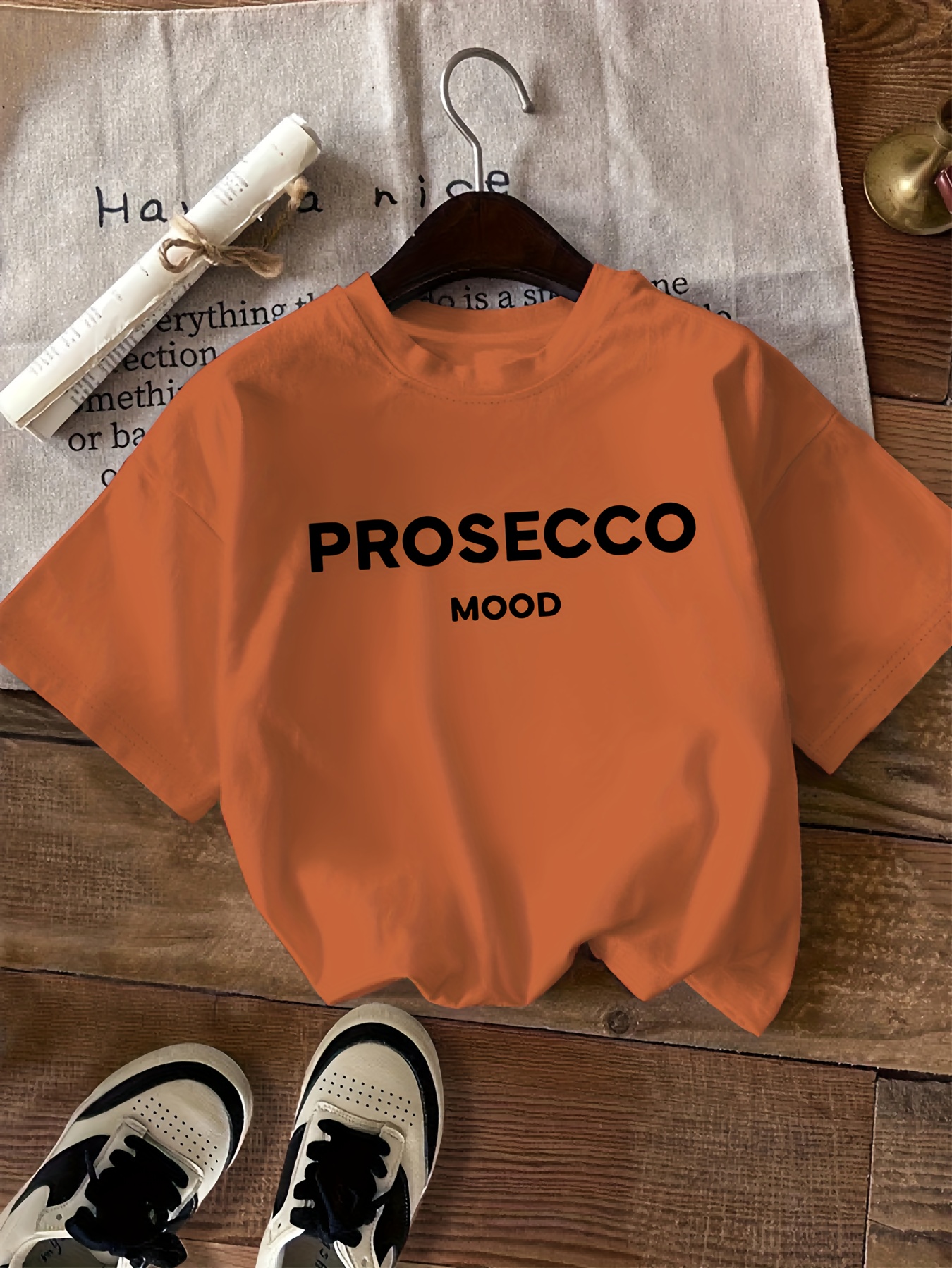 Letter print t-shirt, short sleeve crew neck casual top, Women's clothing