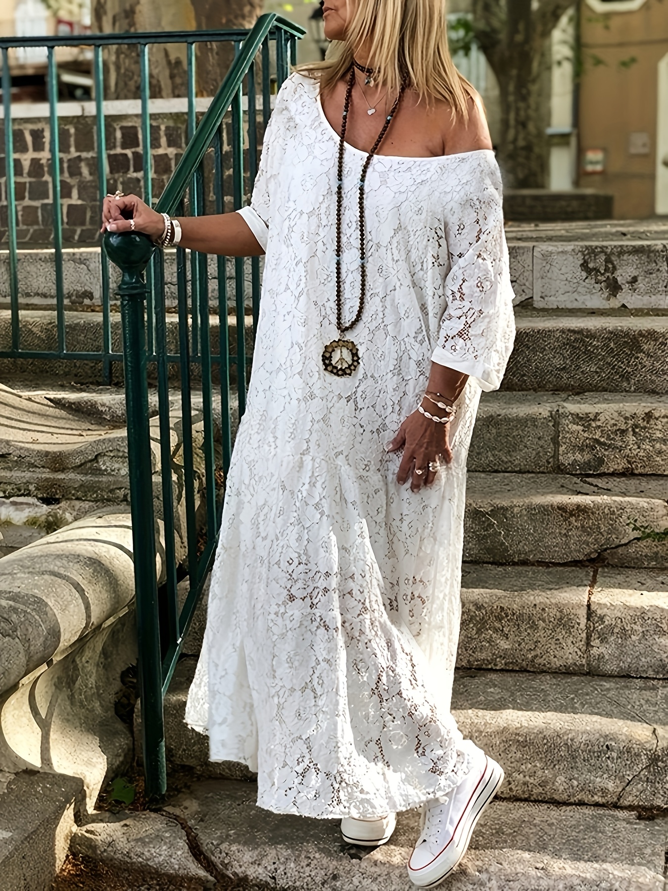 loose fitting lace dress CUPSHE Women's Mini Dress Scalloped V Neck Lace Appliques Long Sleeve Loose  Fit A Line Casual Dress White at Amazon Women's Clothing store