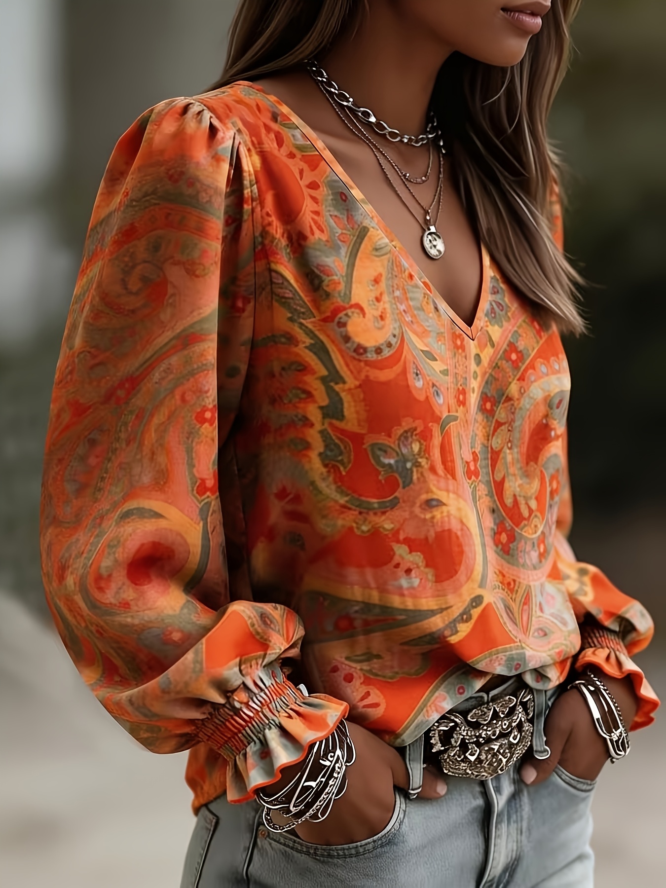 item picture womens autumn vintage paisley print v neck lantern sleeve top