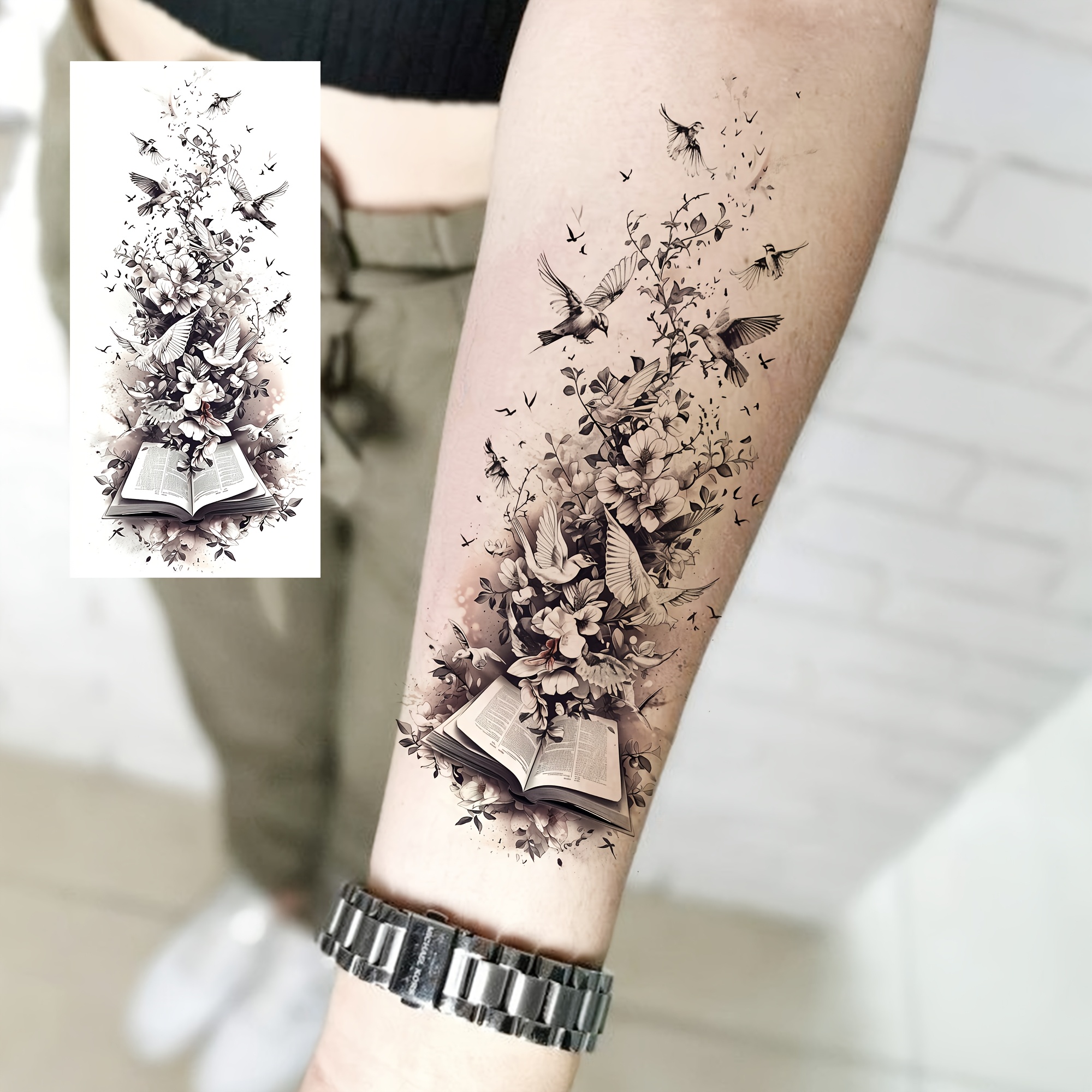 1 Sheet Temporary Tattoos Suitable For - Realistic Waterproof Long-lasting Fake Tattoo Stickers With Books, Flowers, Birds, Literary & For Hands, Feet, Neck, Thighs, Forearm - Half-sleeve Body
