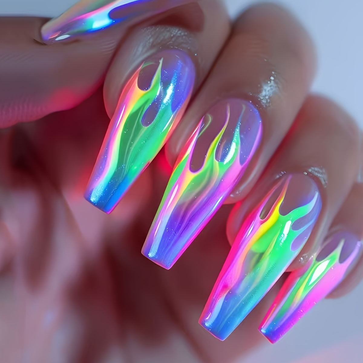 Medium-length Glossy Color-block Flame Design 24pcs Reusable Detachable Nail Stickers, Convenient For Daily Wear, , Parties, And Vacations