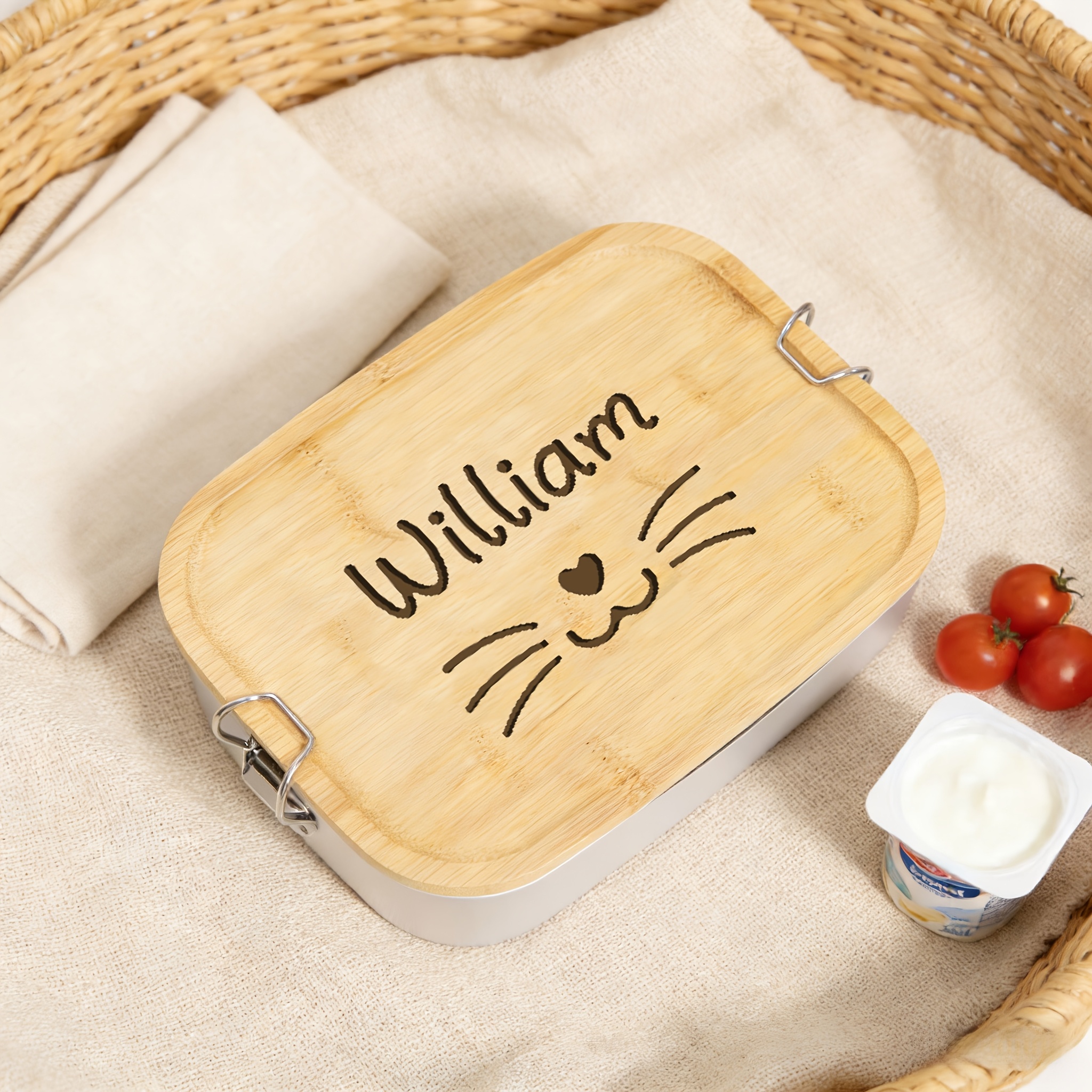 TEMU 1 stuk gepersonaliseerde lunchbox met op maat gemaakt houten deksel, 3 vakken, met eigen naam, dierenontwerpen, roestvrijstalen laser houten