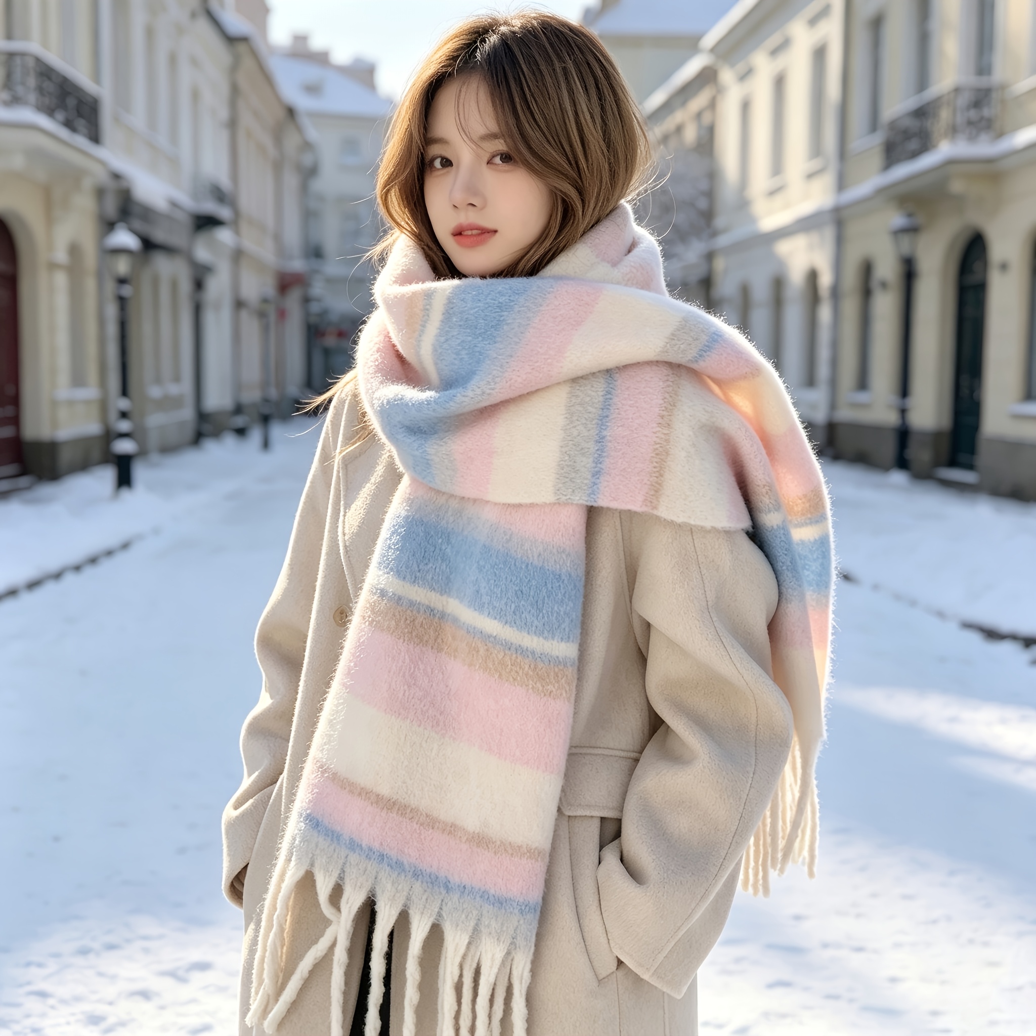 TEMU Couple's Comfortable And Warm Striped Thick Scarf- Autumn And Design, Versatile For Outdoor Wear, Cute And Elegant