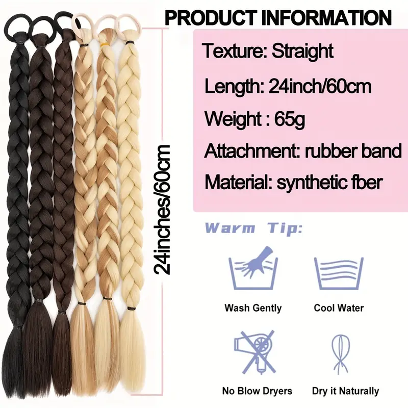 long braid ponytail extension with hair tie straight soft synthetic hair pieces hair extensions braid pony tail fluffy synthetic hairpieces for women daily wear 24 inch details 3