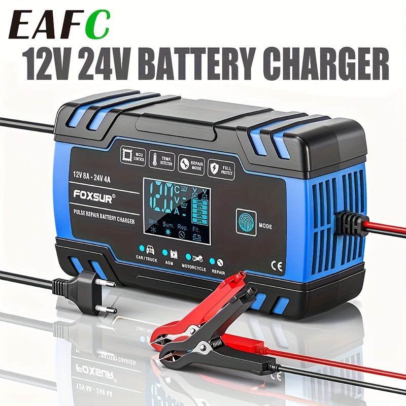 

1pc Eafc 12/24v 8a Charger With Lcd Display, Fully Automatic Repair For Wet And Dry Lead Acid Batteries, Plug, Power Supply Operated, 220-240v Compatible