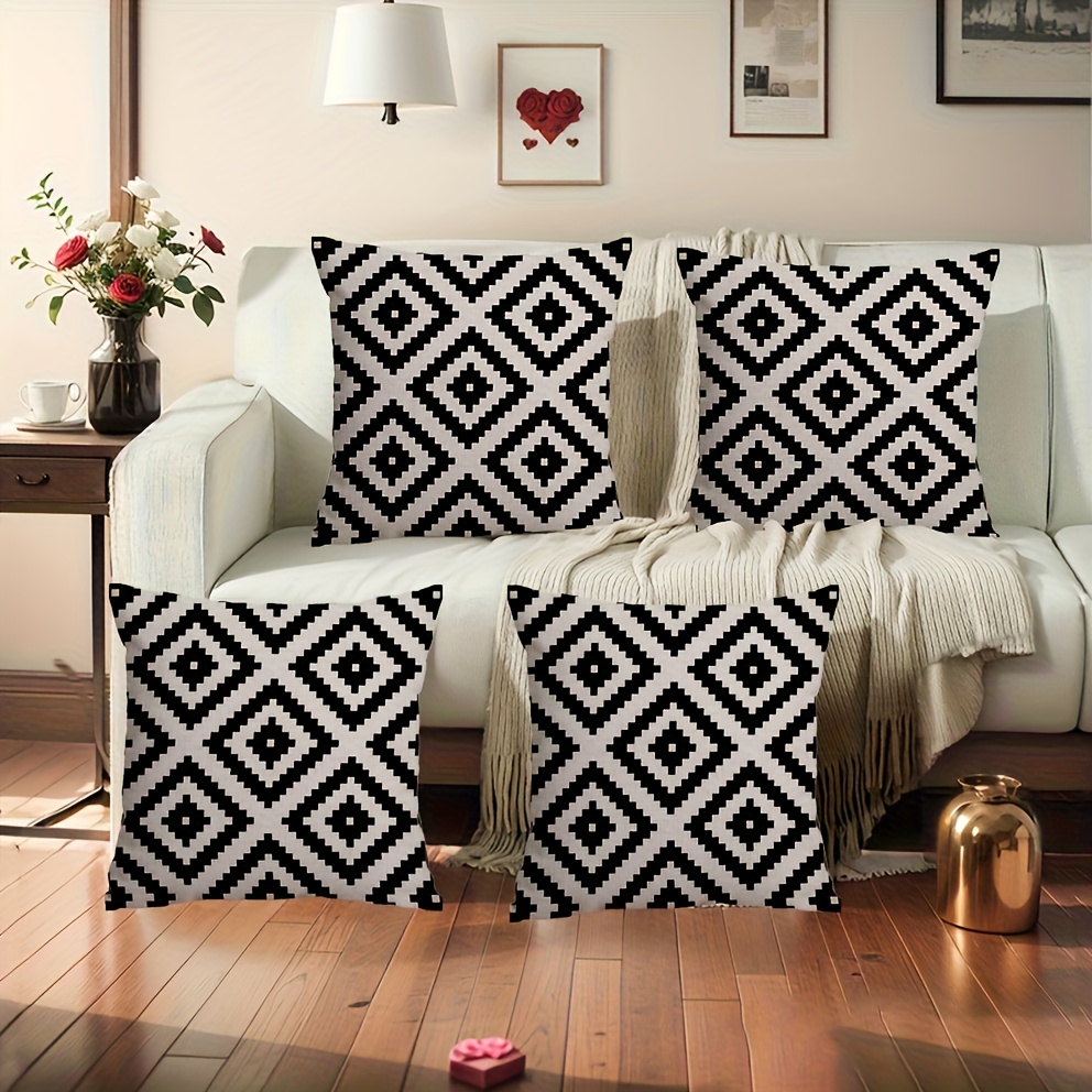 TEMU Ensemble de 4 housses de coussin décoratives géométriques de diamant, noires et blanches, avec un design moderne et adapté à divers styles de