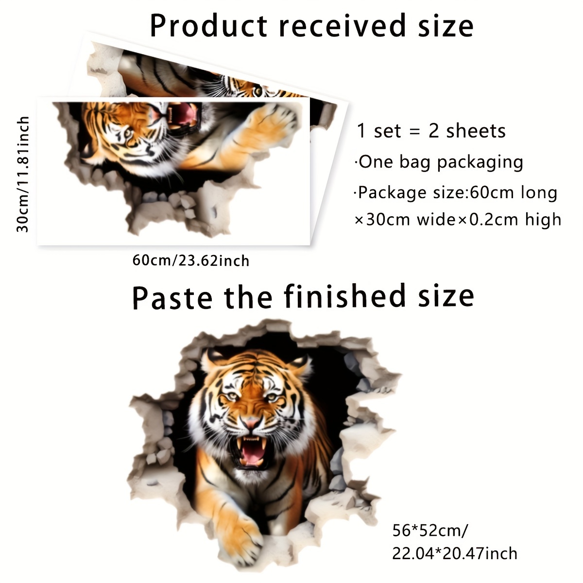 A Set Of 2 Sheets (30*60cm*2pcs) 3d Animal Broken Hole Tiger Wall Sticker Living Room Bedroom Background Decoration Sticker Self-adhesive Bm7032-yc