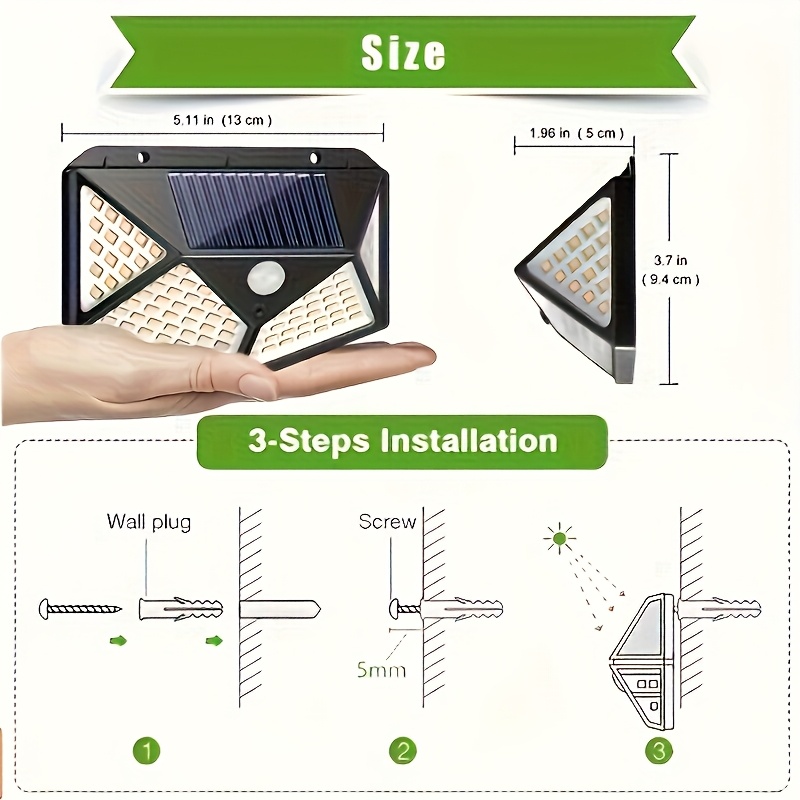 1/2/4/6/8pcs 100 LED Solar Wall Lights Outdoor Solar Lights PIR Motion Sensor Solar Powered Sunlight Lamps Courtyard Lights Super Bright, 3 Modes Solar Motion Lights Outdoor, Solar Fence Lights Safety Lights for Garden Yard Outside