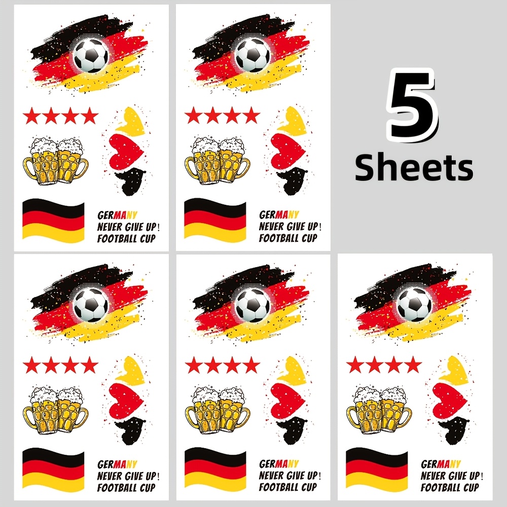 5pcs German Temporary Tattoo Stickers, Sports Decals For Football Matches, Festivals & Parties, Body Stickers For & Face, Waterproof Football Themed Stickers