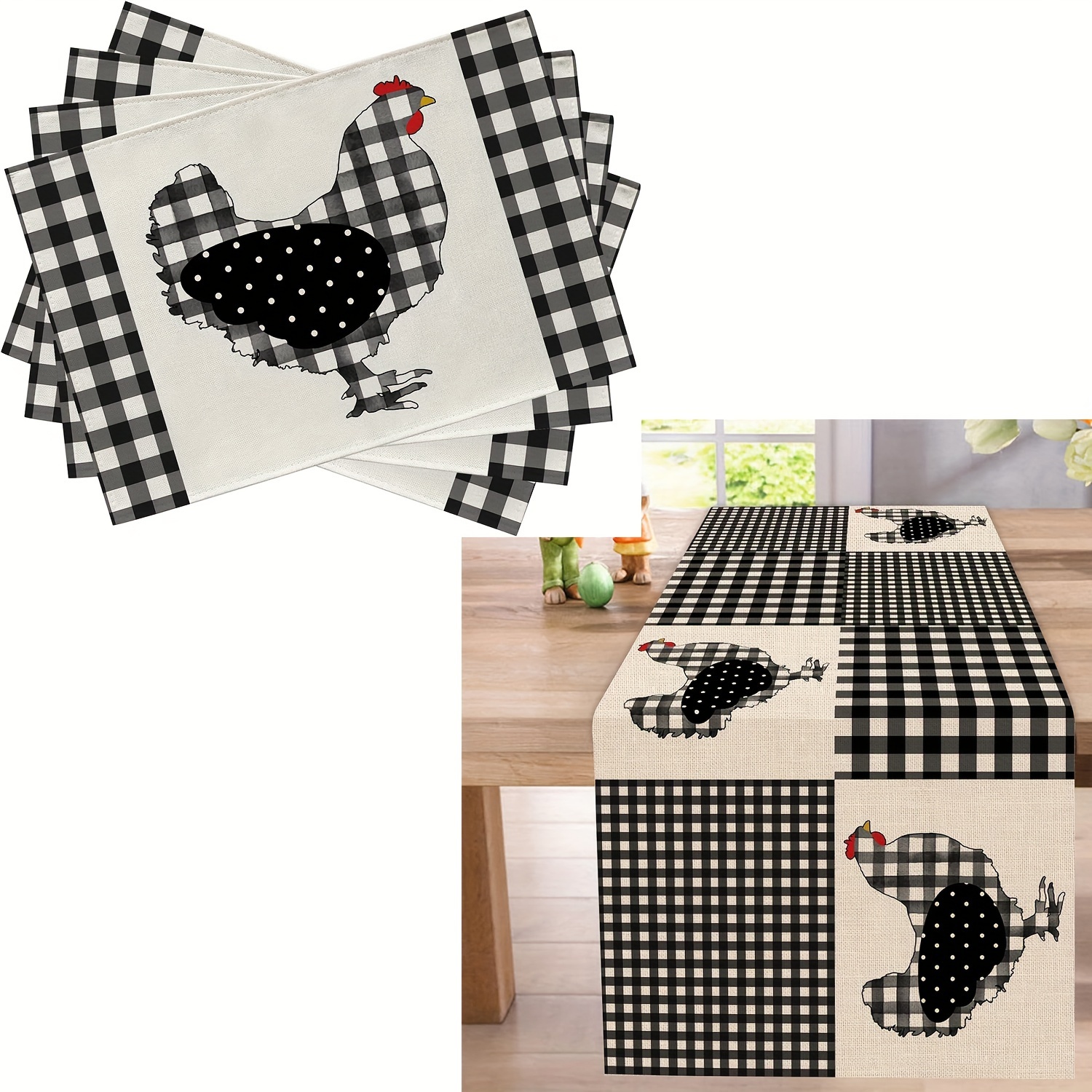 

5pcs, Placemats, Farmhouse Style Animals Chicken Hen Pattern Table Mats, Black And White Buffalo Checkered Table Runner And Placemat Set, Holiday Spring And Summer Decoration