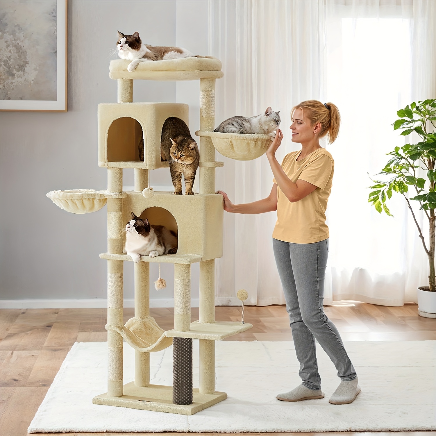 E-shop Multi-Level Katzenbaum mit 2 , 5 Kratzpfosten, Selbstbürstung & Plüsch-Aufsitzplätzen – Robuste Katzennest für Indoor-Klettern, Kratzen und