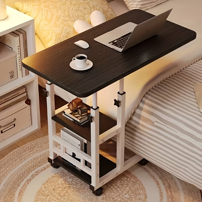 TEMU Adjustable Height Mobile Laptop Desk For Office Workstation - Rolling Study/work Desk With Double Shelves, Suitable For Bedside/dorm/office,