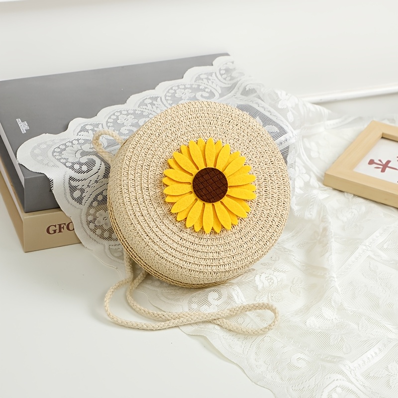 Image of 1 Sunflower Pattern Decorative Round Woven Straw Bag, Women's Woven Crossbody Beach Bag, Cute Woven Shoulder Bag Suitable For Daily Use